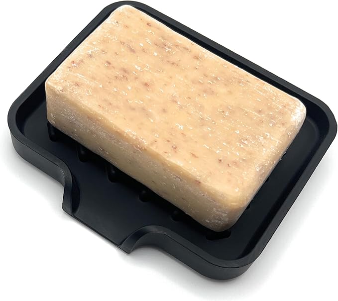 Happitasa Silicone Soap Dish Tray and Sponge Holder with Drain Chute and Feet | 3-Way Sloped Design | Bathroom and Kitchen Sink Organizer Caddy (Black, 5"x4", 3.5 Ounces)