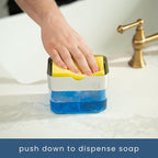 S&T INC. Dish Soap Dispenser and Sponge Holder for Kitchen Sink with Enhanced Features, Sponge Included, 13 Ounces, Silver