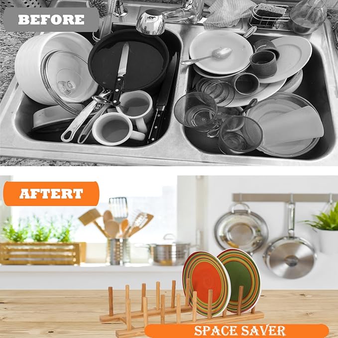 4 Pack Bamboo Wooden Dish Drying Rack, Plate Organizer for Cabinet, Plate Rack Pot Lid Holder for Dishs, Bowls, Cups, Cutting Boards and Books, Kitchen Cabinet Organizer