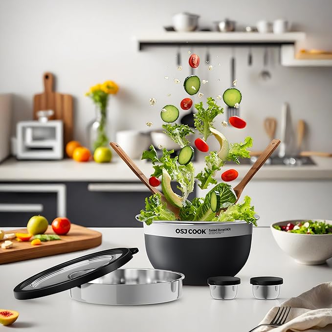 18/8 Stainless Steel Salad Bowl Kit - 74oz, Salad Bowls to go for Lunch, Comes with 1.7oz Condiment Container and Removable Tray for Organization - Leak-Proof, Dishwasher Safe (Black)