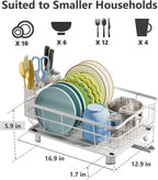 AIDERLY Iron Dish Drying Rack Auto Drain Dish Drainers Kitchen Counter Strainer with Draining Tray, All White