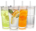 Ribbed Glass Tumbler with Lids and Straws, Vintage Clear Glass cups, Large capacity, Unbreakable, Fluted Design, Ideal for Travel, Iced Coffee,Smoothie, Tea, Latte, Gift (4pc 20oz)
