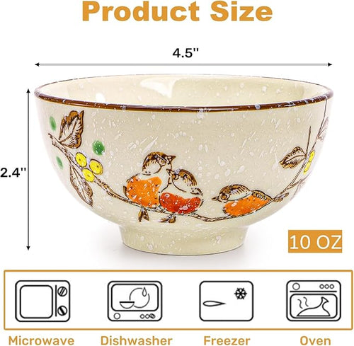 6 Pack Retro Ceramic Bowls, 4.5 Inch Japanese Rice Bowl, 10 Oz Small Soup Serving Set Hand-painted Cereal Holder for Salad, Dessert, Ice Cream, Noodles, Dishwasher Microwave Safe