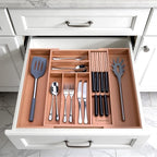 9-Piece Bamboo Kitchen Drawer Organizer Set, Expandable Silverware &Utensil Organizer with Removable Knife Block & Steak Knives, Flatware Organization, Tableware Dividers Storage(Brown)