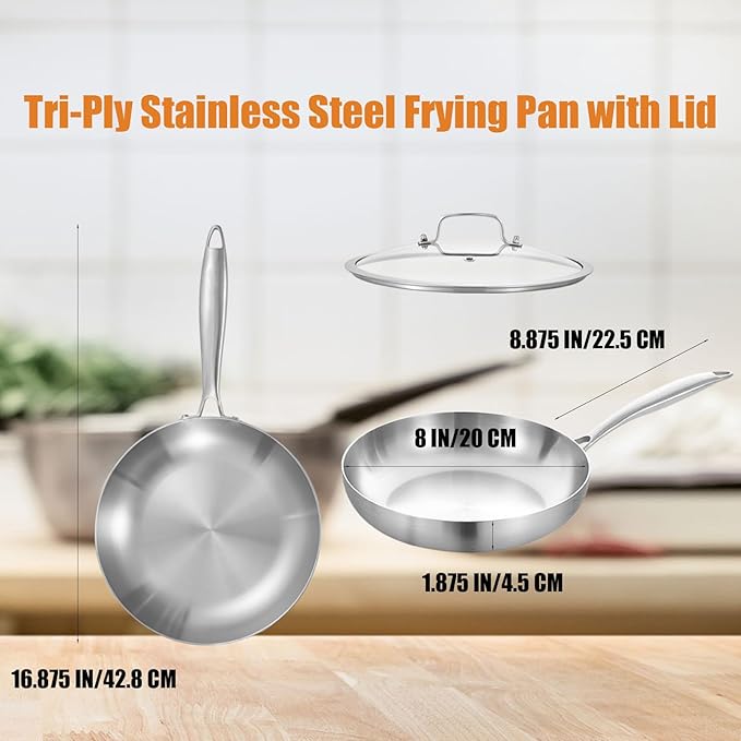 Inqibee 8 Inch Stainless Steel Frying Pan with Lid, Tri-Ply Clad Small Skillet, Induction Ready & Compatible with All Cooktops, Oven and Dishwasher Safe, Non-Toxic PFOA-Free Cookware
