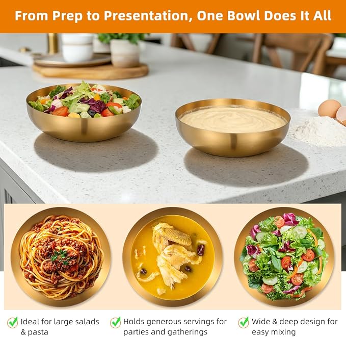 CALLARON 9.4" Stainless Steel Mixing Bowls - 75oz Gold Serving Bowl, Large Metal Decorative Bowl for Salad, Soup, Pasta, Snack, Cooking, Baking, Dishwasher Safe