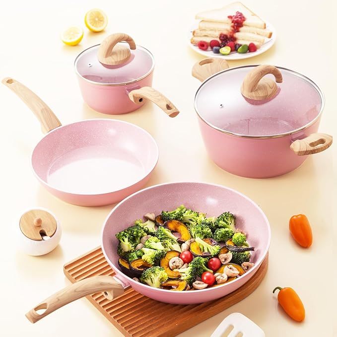 Non Stick Pots and Pans Set, Healthy Ceramic Cookware Set, 12pcs Kitchen Cooking Pots and Frying Sauce Saute Pans Set, PFAS-Free with Kitchen Utensils and Lid, Pink