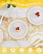 GATHER 700PCS Gold Plastic Plates - Whtie and Gold Disposable Dinnerware Sets 100Guest - 200 Disposable Plate, 300 Plastic Silverware, 100 Cups, 100 Napkins for Wedding & Party