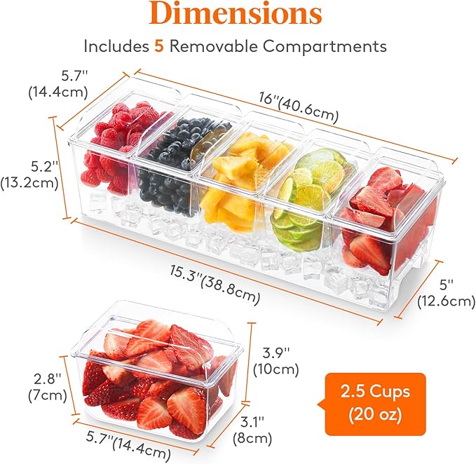 Lifewit 4 Pcs Ice Chilled Condiment Caddy with 5x 20 oz Containers, Condiment Server with Separate Lid, Serving Tray Platter with Removable Dishes for Bar, Fruit, Salad, Taco, Party Garnish