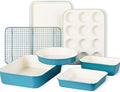 CAROTE 7-Piece Nonstick Ceramic Baking Pans Set - Bakeware Sets Including Cookie Sheets for Baking, Muffin Pan, Bread Pan, Cake pan, Loaf Pan, Roasting Pan, and Cooling Rack, LIght Blue & White