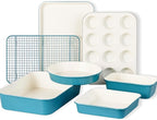 CAROTE 7-Piece Nonstick Ceramic Baking Pans Set - Bakeware Sets Including Cookie Sheets for Baking, Muffin Pan, Bread Pan, Cake pan, Loaf Pan, Roasting Pan, and Cooling Rack, LIght Blue & White