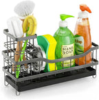 Sponge Holder for Kitchen Sink, Self-Draining Sink Caddy Organizer with Removable Brush Holder, Rustproof Metal Sponge Rack for Countertop, Fits Soap Dispenser & Scrubber, Black