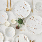 Pokini White Gold Splash Dinnerware Sets, 12 Pieces Fine China Marble Plates and Bowls Sets, Modern Porcelain Dish Set for 4, Luxury Dinner Set for Formal Dinners and Weddings
