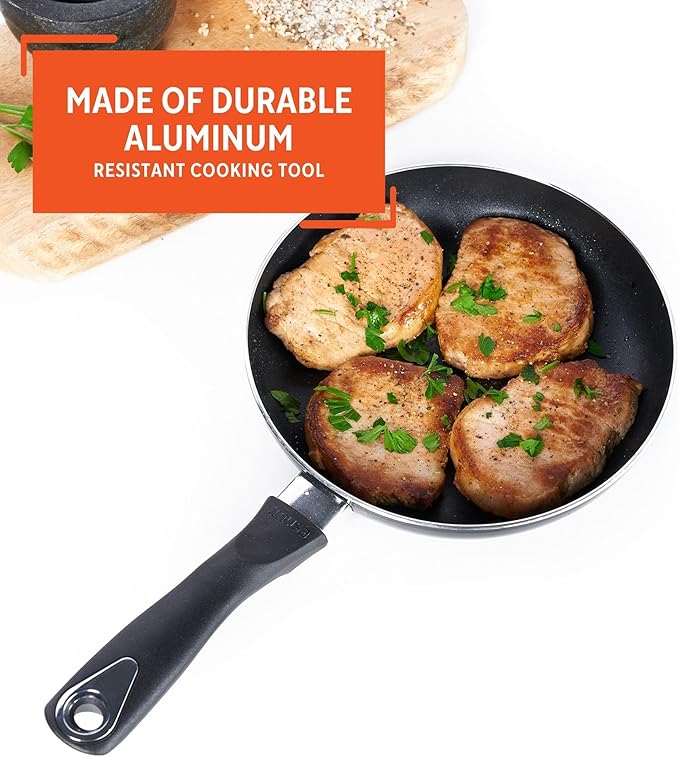 IMUSA 8in Bistro Aluminum Nonstick Fry Pan with Cool Touch Handle, Small Skillet for Eggs, Omelets, Sauteing, and Everyday Cooking, Black