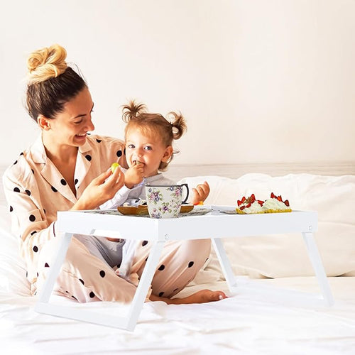 Bamboo Bed Tray Table with Foldable Legs, Breakfast in Bed Tray for Eating, Kitchen Serving Trays, Folding Table for Sofa, Beds, Eating, Working, Used As Laptop Desk Snack Trays, Large White