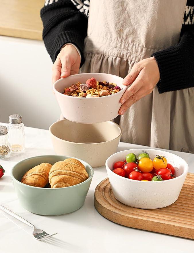 UBEE Ceramic Soup Bowls Set of 4, 6.3 inch Cereal Bowls, Microwave Safe Serving Bowls for Oatmeal, Soup, Pasta, Ramen, Dessert, Fruit, For Breakfast, Lunch and Dinner, Colorful