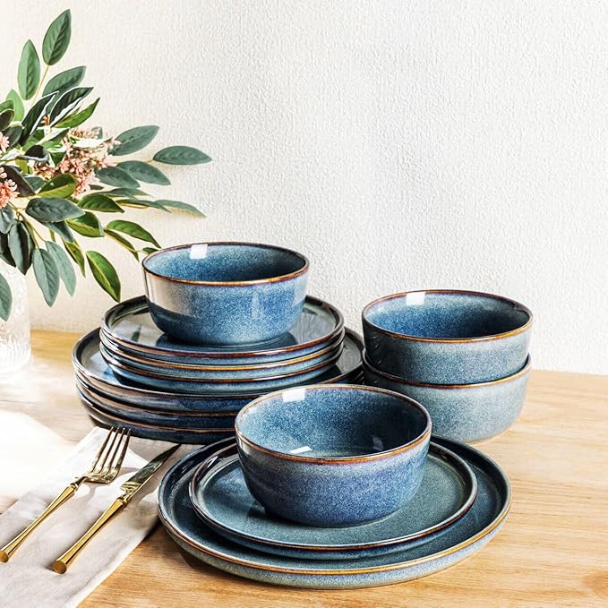 AmorArc Stoneware Dinnerware Sets for 4,Round Reactive Glaze Ceramic Plates and Bowls Set,Highly Scrath Resistant Dishware | Dishwasher & Microwave Safe Dishes Set,Service for 4 (12pc)