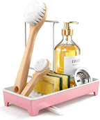 Minimalist Sink Caddy, Rustproof Sponge Holder for Kitchen Sink with 304 Stainless-Steel Brush Holder, Countertop Rack Organizer with Raised Ridges & Silicone Drain Tube (Blush Pink, Large)