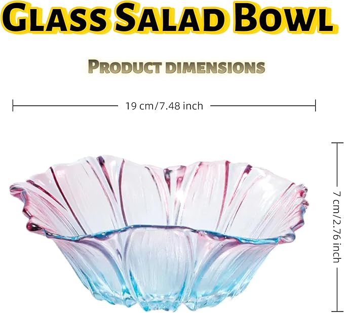 2 Piece Glass Salad Bowl Set - 7.3" Decorative Serving Bowls, 17 OZ (500ml) Multipurpose Bowls for Fruits, Veggies, Snacks, Candies, Desserts, Family Dinners & Parties (Colorful, medium size)