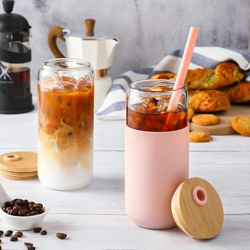 20oz Glass Water Tumbler with Silicone Protective Sleeve - Beer Shaped Glass Cups with Straw and Bamboo Lid, Iced Coffee Glasses, Cute Drinking Glasses for, Water Smoothie, Boba Tea, Gift - Pink