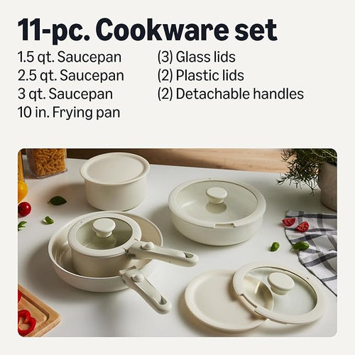 Amazon Basics Ceramic Nonstick Pots and Pans Set with Detachable handle, 11-Piece Stackable set, All Cooktop Friendly, Includes Saucepan, Frying pan, Linen Gray.