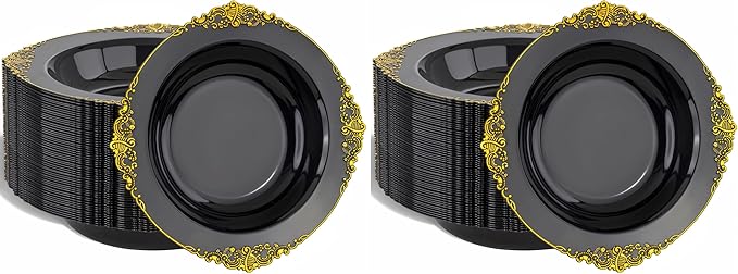Nervure 50PCS Black Plastic Bowls with Gold Rim - 12oz Disposable Soup Bowls, Heavy Duty Salad Ice Cream Bowl Perfect For Weddings, Parties and Halloween (Pack of 2)