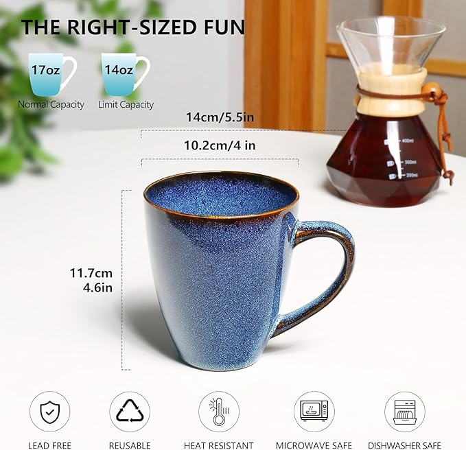 MONITO 17 OZ Coffee Mugs Set of 4, Large Ceramic Blue Coffee Mugs Set with handle for Tea/Latte/Milk/Cocoa, Funny Tea Cups for Office and Home, Engagement Gifts.(Starry Blue)