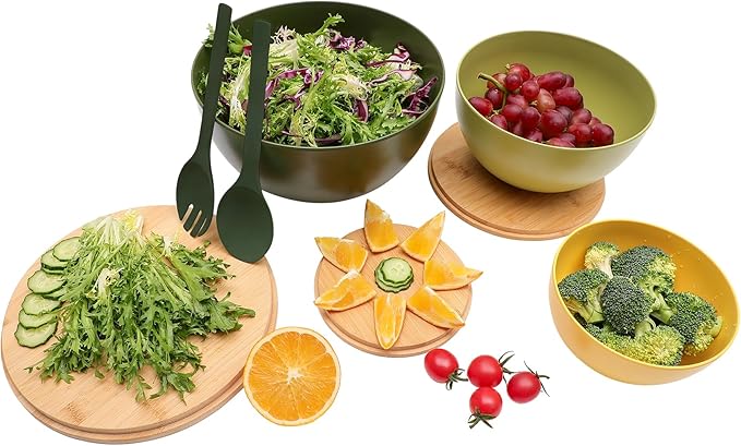 ECOWAY Salad Bowls Set of 3 with Lid & Serving Utensils, Colorful Serving Bowls, Bamboo Fiber Salad Bowls with Bamboo Lid, Kitchen Bowls for Salad, Kitchen Eating, Pasta, Popcorn, Fruit (3 Colors)