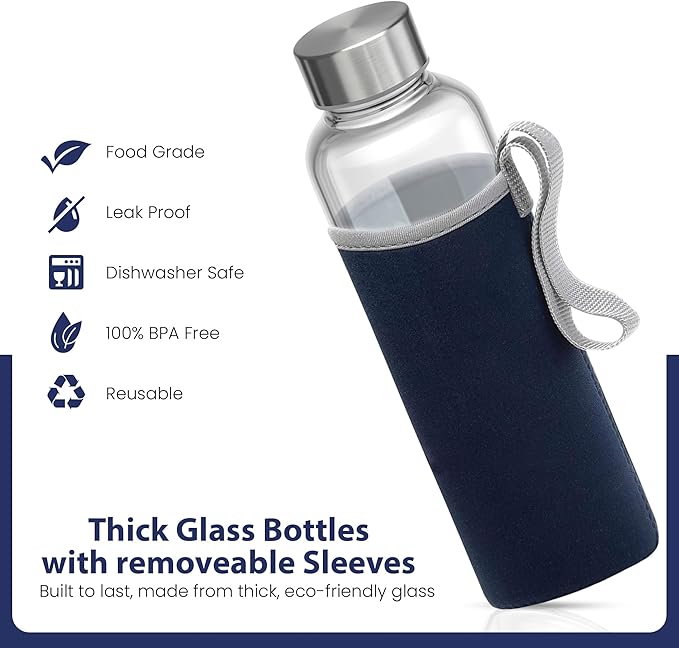 Epica glass bottles with lids – 18oz glass water bottles, reusable juice bottle with lids for storing juices, reusable water bottle durable & ecofriendly set of 6 with Sleeves