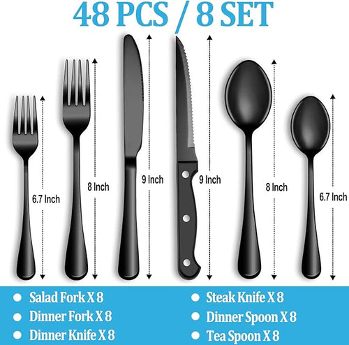 48 Pcs Black Silverware Set with Steak Knives, Stainless Steel Flatware Cutlery Set Service for 8, Kitchen Tableware Set, Utensil Set for Home and Restaurant, Knives Forks Spoon Set, Dishwasher Safe