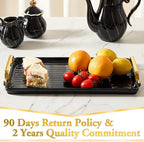 DUJUST Porcelain Serving Tray with Golden Handles, Modern Nordic Style Coffee Table Tray, Beautiful Tea Trays Decor for Living Room, Easy to Use & Clean - Black