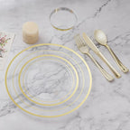 BESTVIP 150PCS Plastic Dinnerware Set (25 Guests), Clear Gold Disposable Plates for Party, Wedding, Christmas, Anniversary, Includes: Dinner Plates, Dessert Plates, Cups, Spoons, Forks and Knives