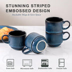 HASENSE 15 Oz Ribbed Stackable Coffee Mug Set of 4, Ceramic Latte Cups with Metal Stand, Dishwasher & Microwave Safe, Navy Blue for Cappuccino Tea Hot Cocoa