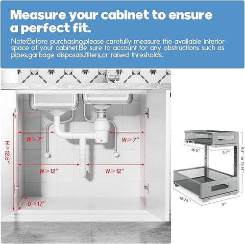 2-Pack Under Sink Storage Organizer, Large 2-Tier Elegant Mesh Pull Out Shelf for Kitchen and Bathroom Cabinet Organization, L-Shaped and Adjustable Height Design-Gun Gray