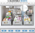 Under Sink Organizer Upgrade To Professional Rails,2-Tier Dual Pull Out Cabinet Storage,Height Adjustable Slide Out Drawers For Bathroom Kitchen,2 Pack-16.7"Dx12.8"-16.9"H,Gun Gray