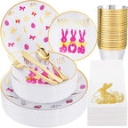 Hioasis 175pcs Easter Plastic Plates, Bunny Plastic Disposable Dinnerware Set Include 25 Dinner Plates, 25 Dessert Plates, 25 Forks, 25 Knives, 25 Spoons, 25 Napkins，25 Cups Perfect for Easter Party