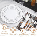 N9R 350PCS Silver Plastic Dinnerware Set for 50 Guests, Gold Disposable Plates for Party, Include:100 Plastic Plates, 50 Pre Rolled Napkins with Silverware and 50 Cups