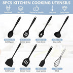 TeamFar 8 PCS Silicone Cooking Utensils - 446°F Heat Resistant Kitchen Silicon Utensils Set, Turner, Spatula, Spoon, Whisk, Kitchen Cooking Gadgets Tools for Nonstick Cookware, Dishwasher Safe-Black