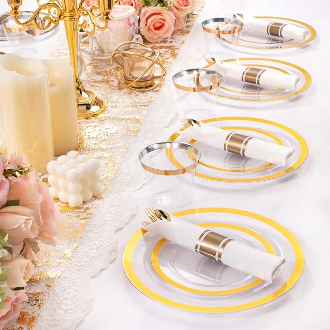 Liacere 350PCS Clear Gold Plastic Plates for 50 Guests Dinnerware Include 100 disposable Plates 150 Gold Silverware 50Napkins for Party & Wedding