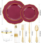 Liacere 350PCS Red Plastic Plates-Disposable Burgundy Red and Gold Plates 50guest Baroque Plastic Dinnerware include 100Plates, 50Pack Pre Rolled Napkins with Silverware 50Cups for Wedding&Mothers Day