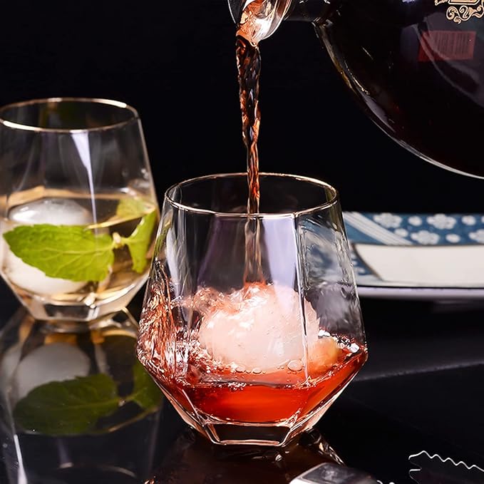 XKXKKE Diamond Wine Glasses Set of 4, 10 OZ Modern Stemless Gold Rim Glass Cups Clear Drinking Glassware for Serving Party, Home, Bar, Restaurants, Transparent 4 Pack