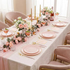DaYammi 150Pcs Pink Plastic Plates with Gold Rimmed,Heavy Duty Plastic Plates - Pink Disposable Plate Included 30 Dinner plate,30 Dessert plate,30 Knives,30 Forks,30 Spoons for Mother's Day Party