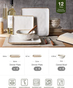 Famiware Dinnerware Sets for 4, Ocean Square 12-Piece Kitchen Plates and Bowls Sets, Reactive Glaze, Microwave and Dishwasher Safe, Scratch Resistant, Cappuccino White