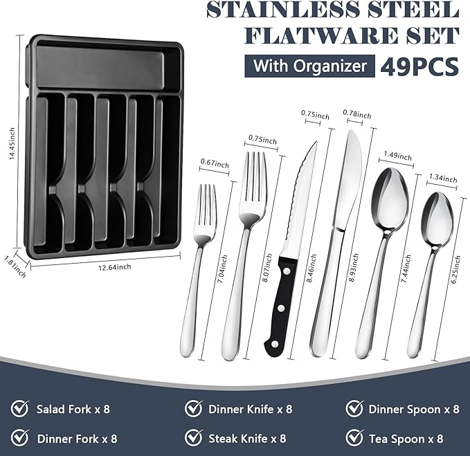 BEWOS 49-Piece Silverware Set with Organizer - Stainless Steel Silverware Set for 8 with Drawer Organizer, Dishwasher Safe Flatware Set for Home and Restaurant, Mirror Polished