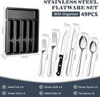 BEWOS 49-Piece Silverware Set with Organizer - Stainless Steel Silverware Set for 8 with Drawer Organizer, Dishwasher Safe Flatware Set for Home and Restaurant, Mirror Polished