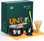 Matcha Gift Set 6 Pcs – Ceramic Bowl, Bamboo Whisk, Whisk Holder, Scoop, Sifter & Cloth – Traditional Japanese Set for Green Tea by Aprika Matcha (Black with Cats)