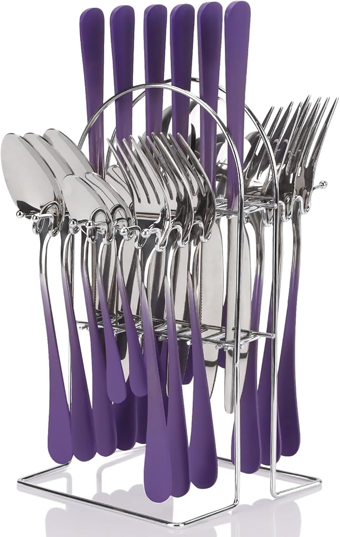 24 Pieces Flatware Set, Stainless Steel Cutlery Set with Silverware Holder, Modern Eating Tableware Set Includes Dinner Knives Forks Spoons,Hanging Silverware Set Service for 6 (Purple)
