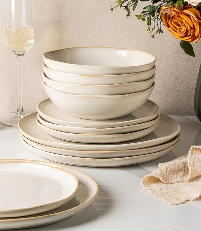 GBHOME Stoneware Dinnerware Sets for 4, 12 Pieces Rustic Ceramic Plates and Bowls Set, Handmade Reactive Glaze Plate Sets, Highly Chip Resistant Dishes, Microwave & Dishwasher Safe, Antique White