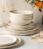 GBHOME Stoneware Dinnerware Sets for 6, 18 Pieces Rustic Ceramic Plates and Bowls Set, Handmade Reactive Glaze Plate Sets, Highly Chip Resistant Dishes, Microwave & Dishwasher Safe, Antique White