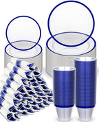 BESTVIP 350PCS Plastic Clear Blue Plates for Party, Disposable Dinnerware Set for 50 Guests, 100 Plastic Plates, 50 Cups, 50 Pre-Rolled Napkins with Cutlery for Graduation Party, Christmas, Birthday